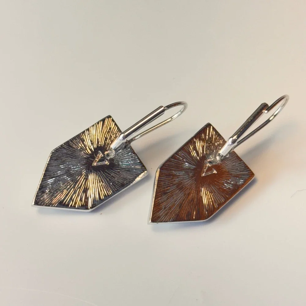 Geometric Shield Drop Earrings White Marble Silver Tone Boho Statement Modern